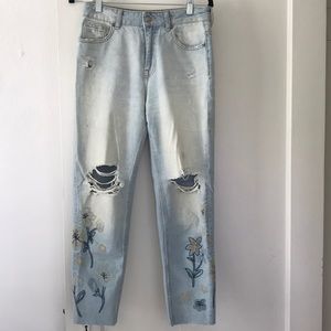Zara Basic Embroidered High Rose Cropped Jeans